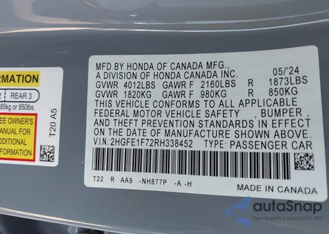 2024 Honda Civic Ex from USA, damaged, VIN 2HGFE1F72RH338452